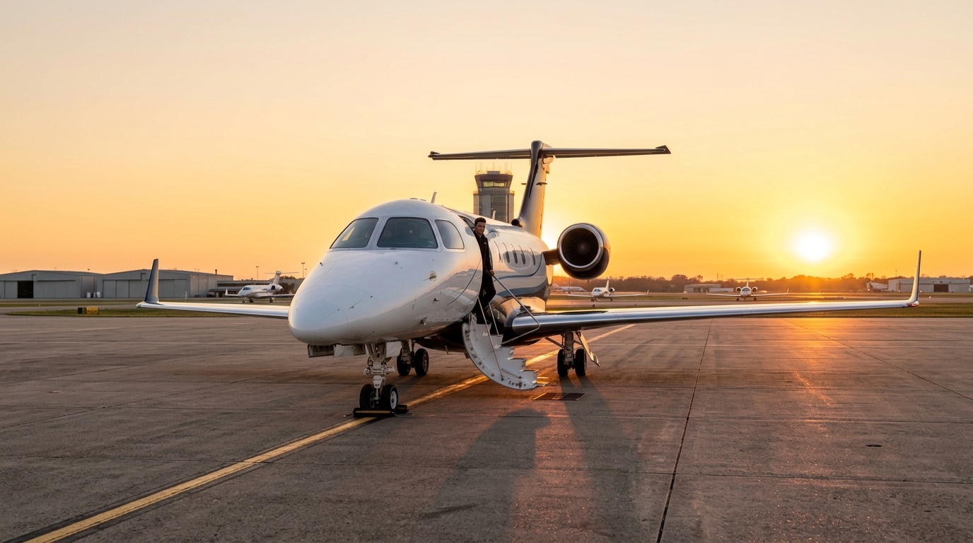 Business jet fully framed on the ramp at sunset