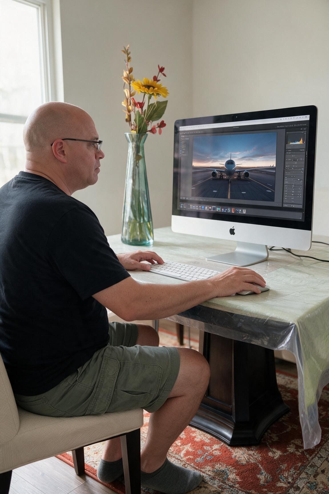 Photographer editing an aviation image on a desktop computer