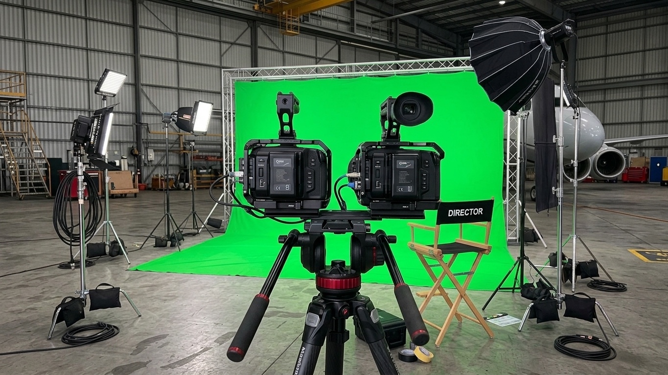 Professional camera and lighting setup inside an aircraft hangar