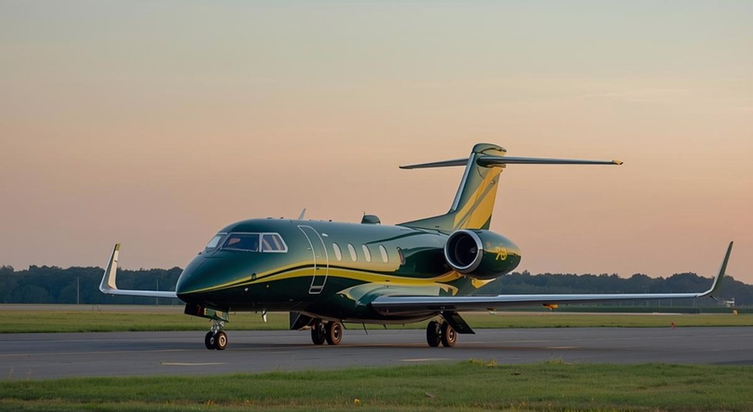 Green business jet fully framed at golden hour