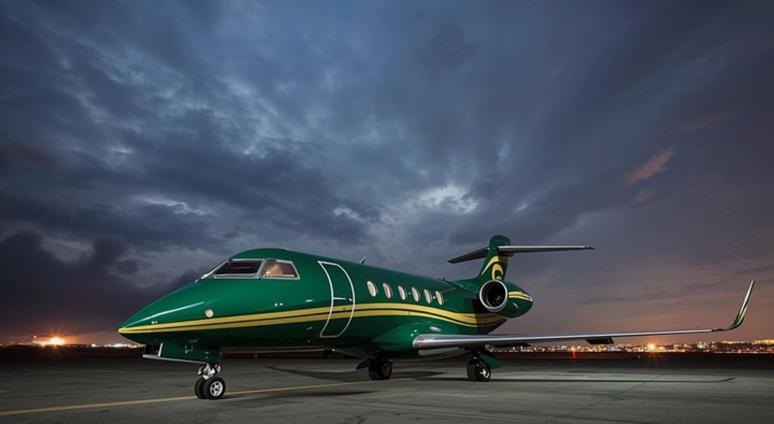Green business jet under dramatic clouds