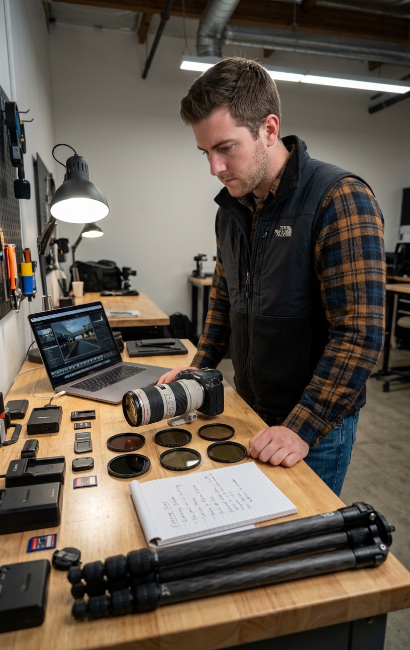 Photographer preparing camera equipment, filters, batteries and tripod before a shoot