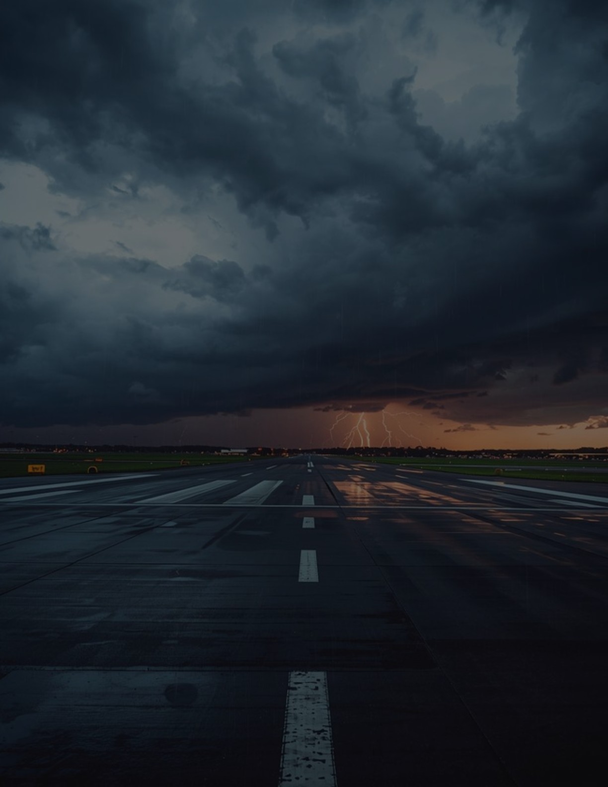 Wet runway under dramatic storm clouds and distant lightning