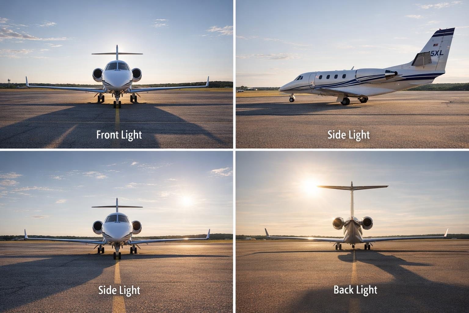 Four daylight business jet photographs labeled front light, side light and back light