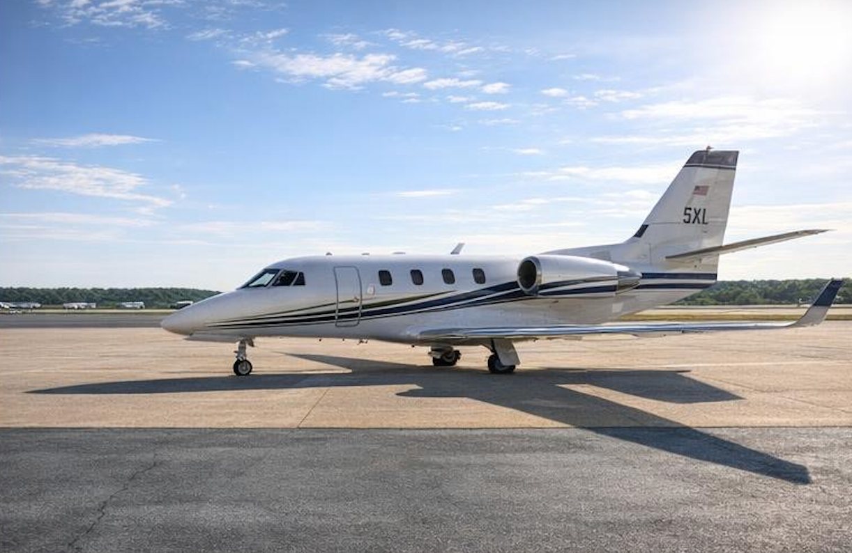 White business jet profile with extended shadow