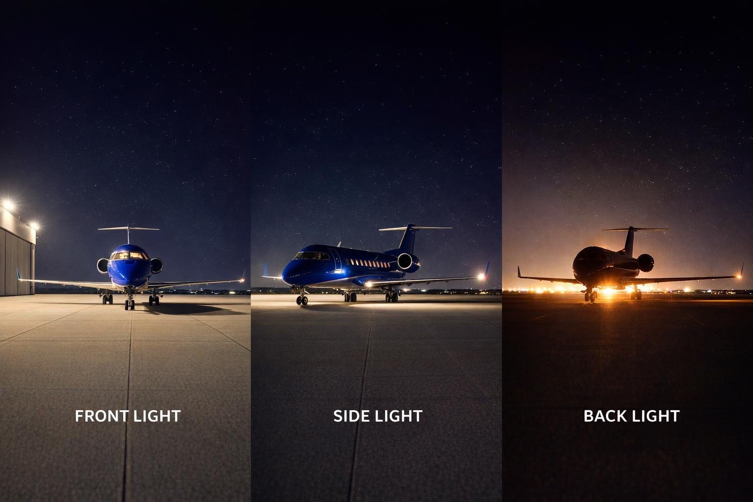 Blue business jet photographed at night using front, side and back lighting