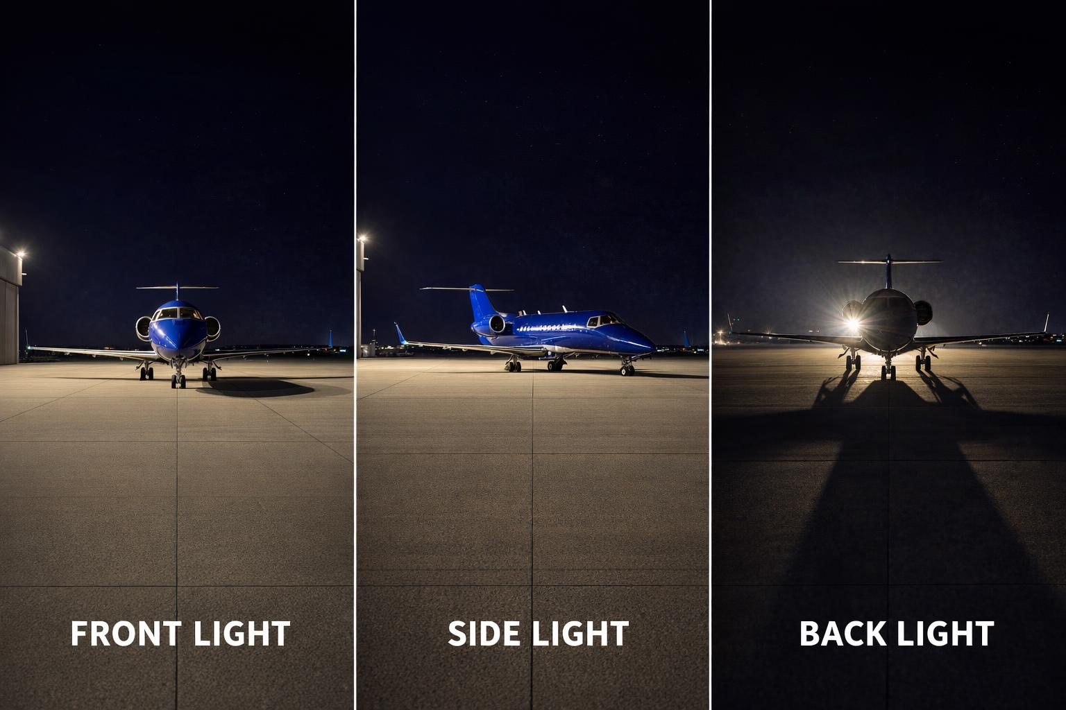 Night aviation front, side and back light comparison