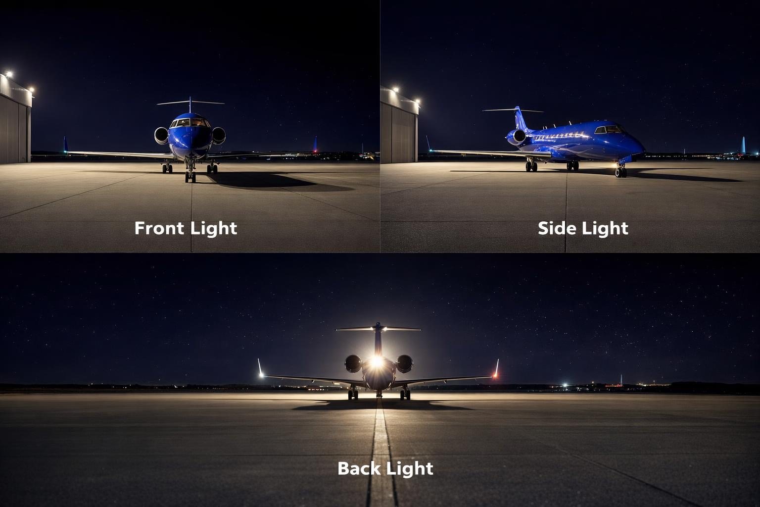 Blue business jet under artificial front side and back lighting at night