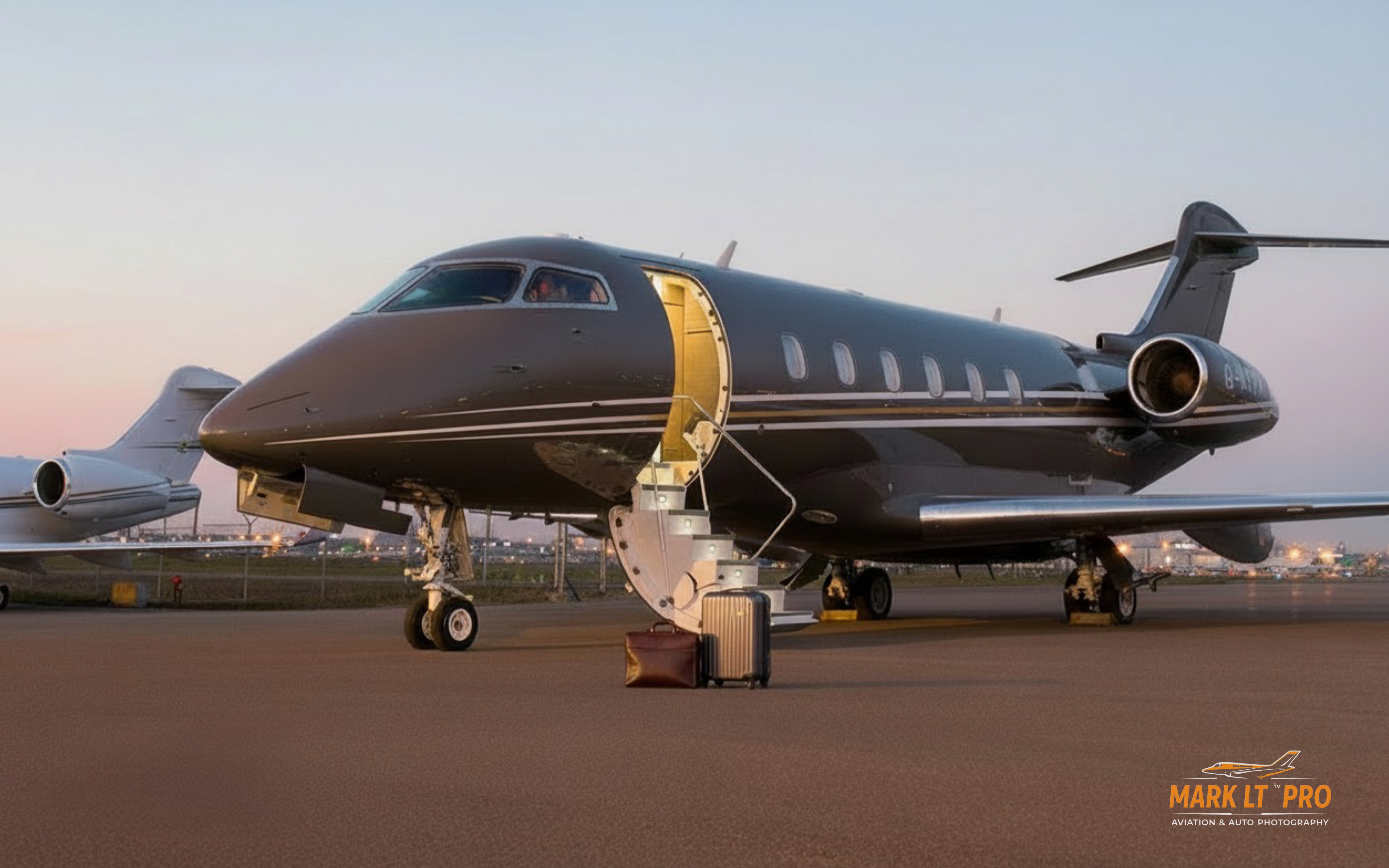 Business jet photographed from a three-quarter perspective with an illuminated open cabin door